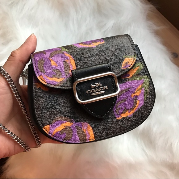 🌸 Coach Morgan Card Case On A Chain In Signature Canvas With Rose Print - Picture 7 of 11